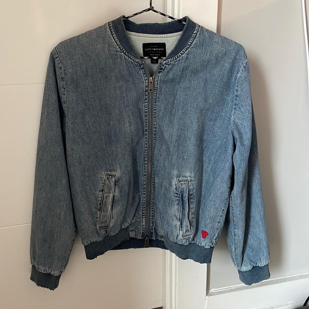 Lucky Brand, denim jacket, distressed denim, bomber, zip up, women’s, small